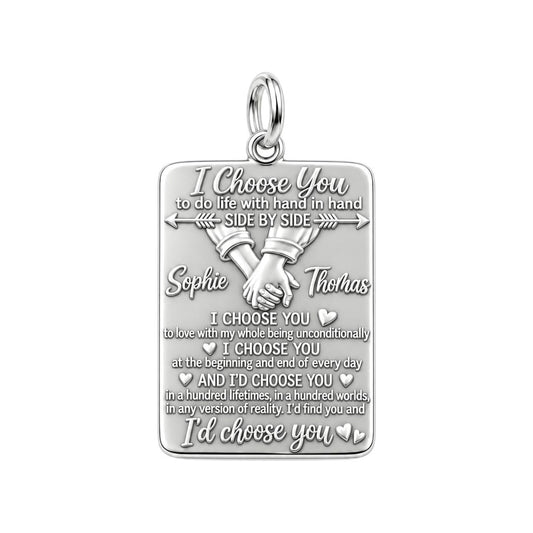 I Choose You Charm Bracelet – Personalized Couple Gift – silver plated 3 cm charm, front view