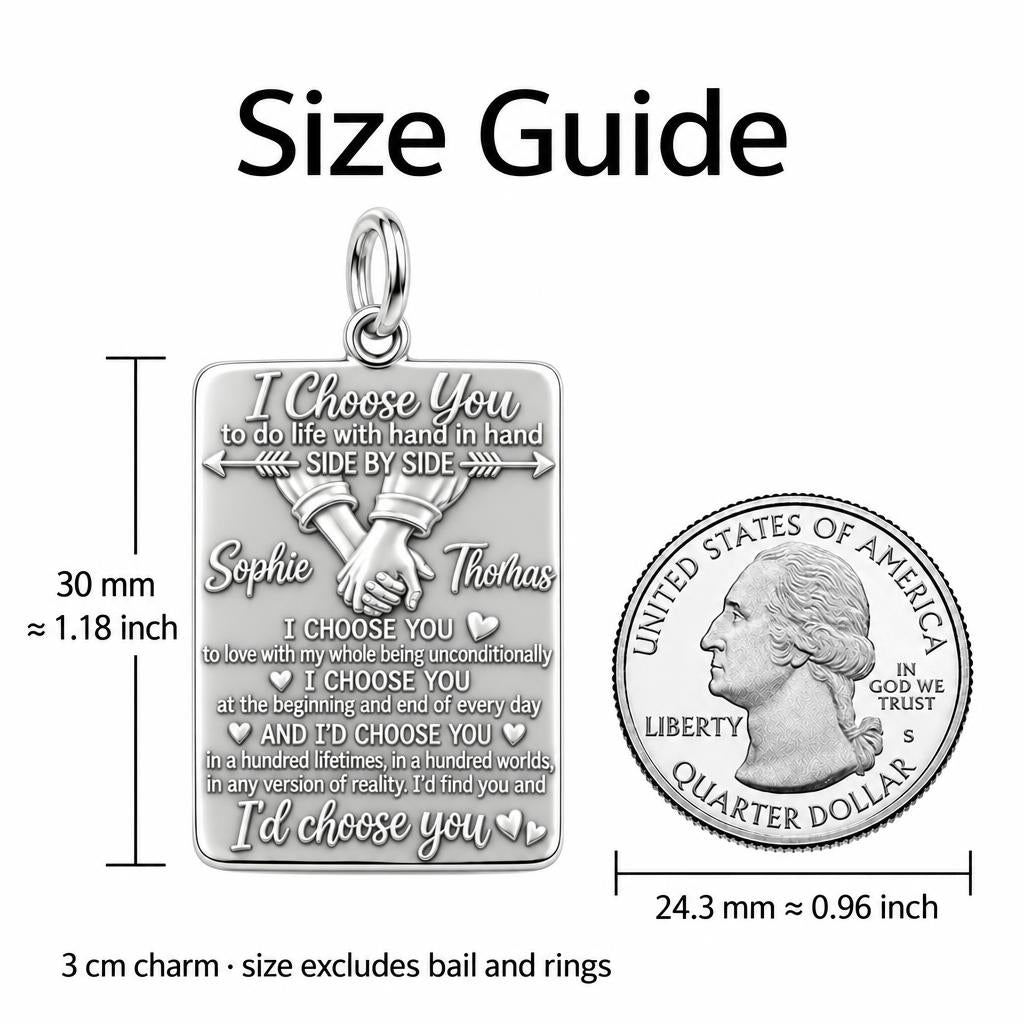 I Choose You Charm Bracelet – Personalized Couple Gift – size guide, 3 cm charm next to a quarter