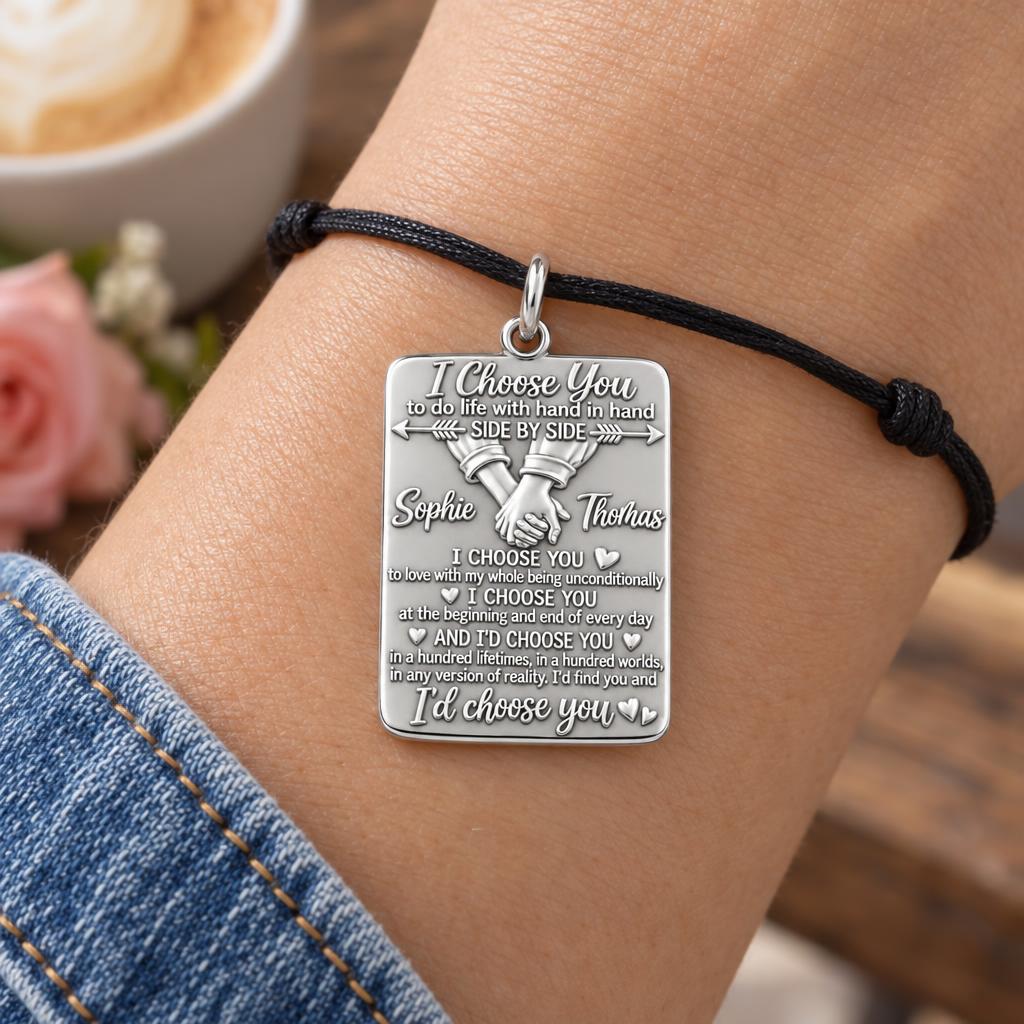I Choose You Charm Bracelet – Personalized Couple Gift – worn on the wrist on a black cord bracelet