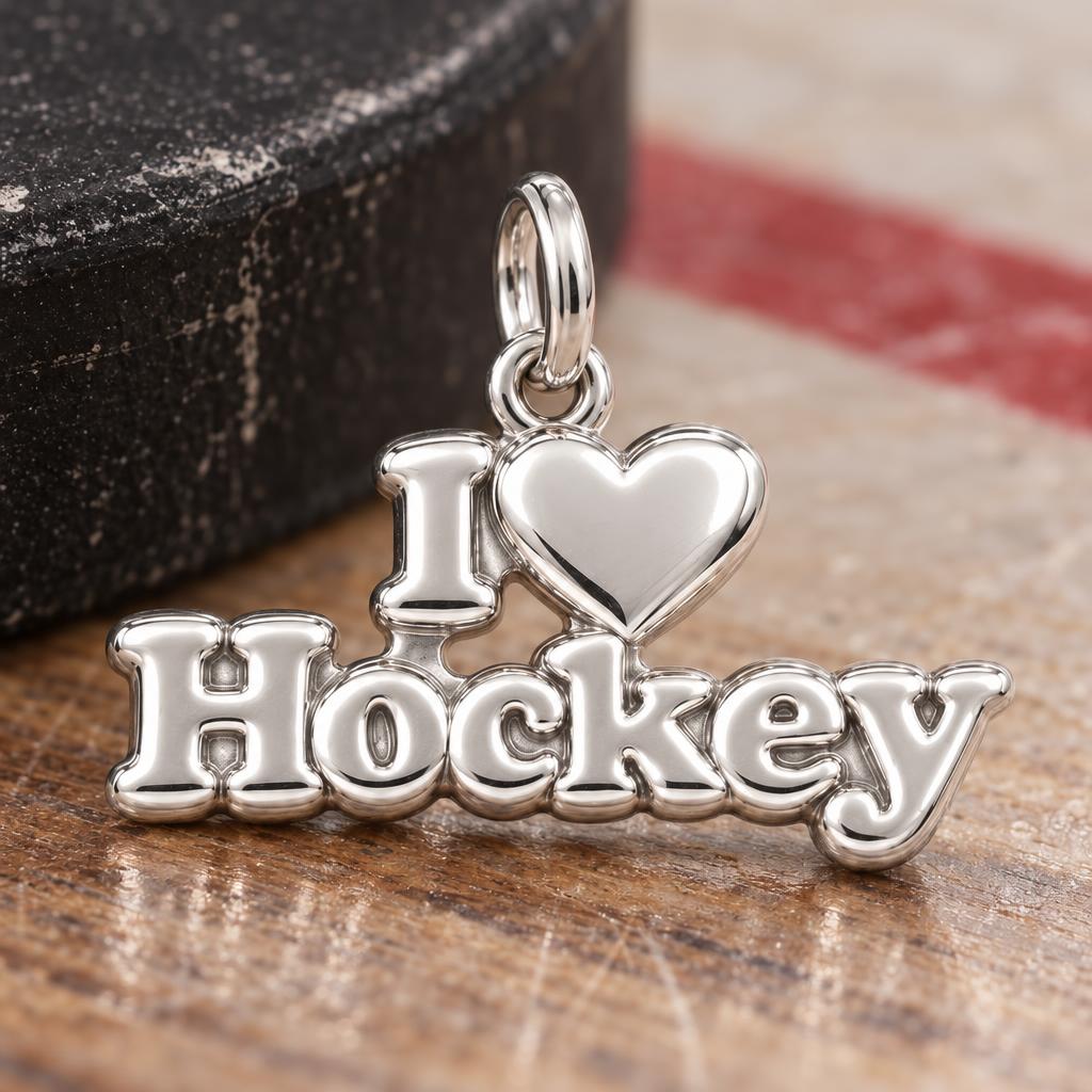 I Heart Hockey Charm Bracelet – Personalized Athlete Gift – macro detail of the charm