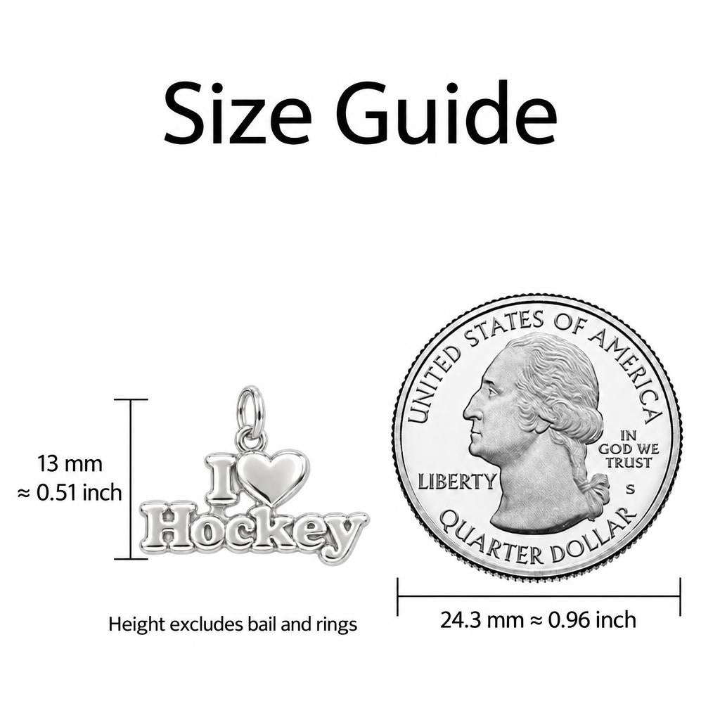 I Heart Hockey Charm Bracelet – Personalized Athlete Gift – size guide, 13 mm charm next to a quarter