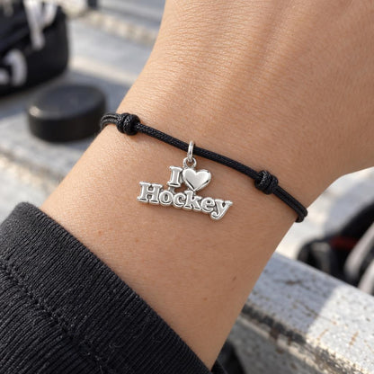 I Heart Hockey Charm Bracelet – Personalized Athlete Gift – worn on the wrist on a black cord bracelet