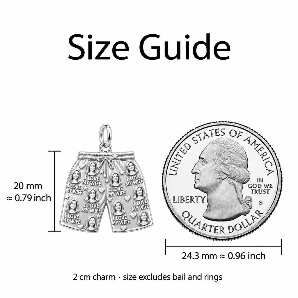 I Love My Wife Charm Bracelet – Personalized Husband Gift – size guide, 2 cm charm next to a quarter