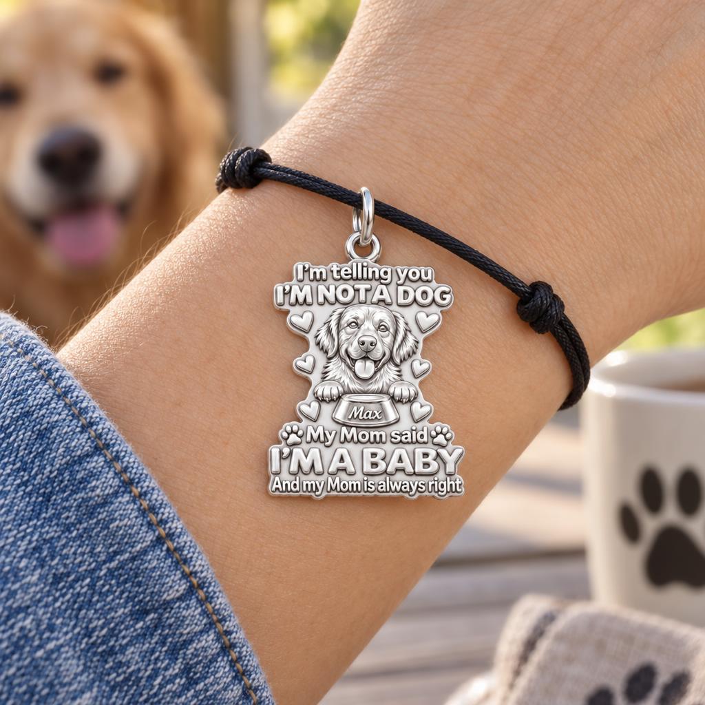 I'm A Baby Pet Charm Bracelet – Personalized Dog Mom Gift – worn on the wrist on a black cord bracelet