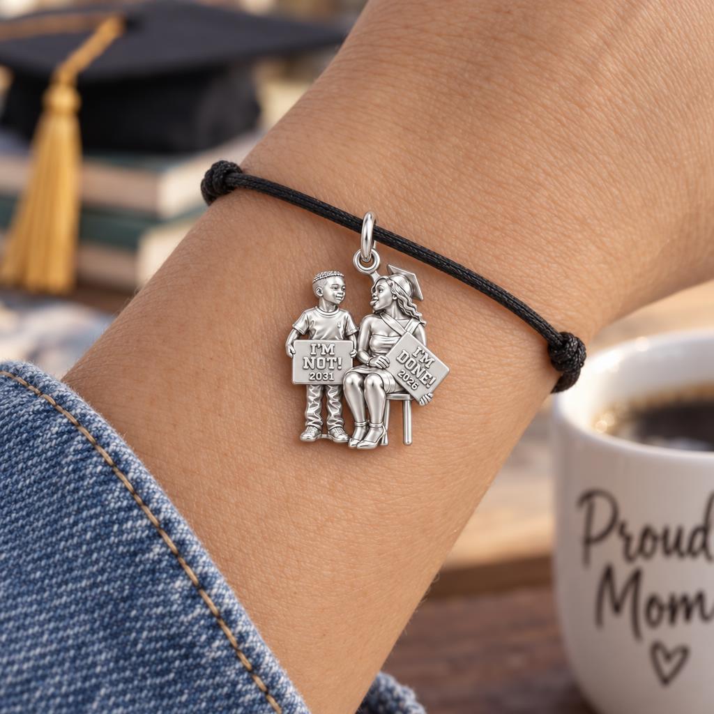 I'm Done I'm Not Graduation Charm Bracelet – Personalized Mom Gift – worn on the wrist on a black cord bracelet