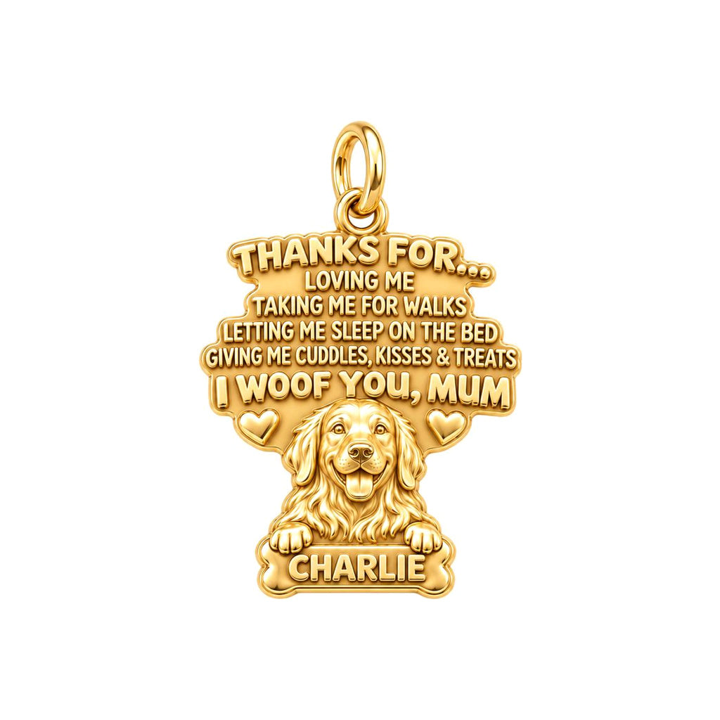 I Woof You Letter Charm Bracelet – Personalized Dog Mom Gift – 18K gold plated 3 cm charm, front view