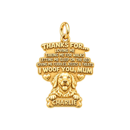 I Woof You Letter Charm Bracelet – Personalized Dog Mom Gift – 18K gold plated 3 cm charm, front view