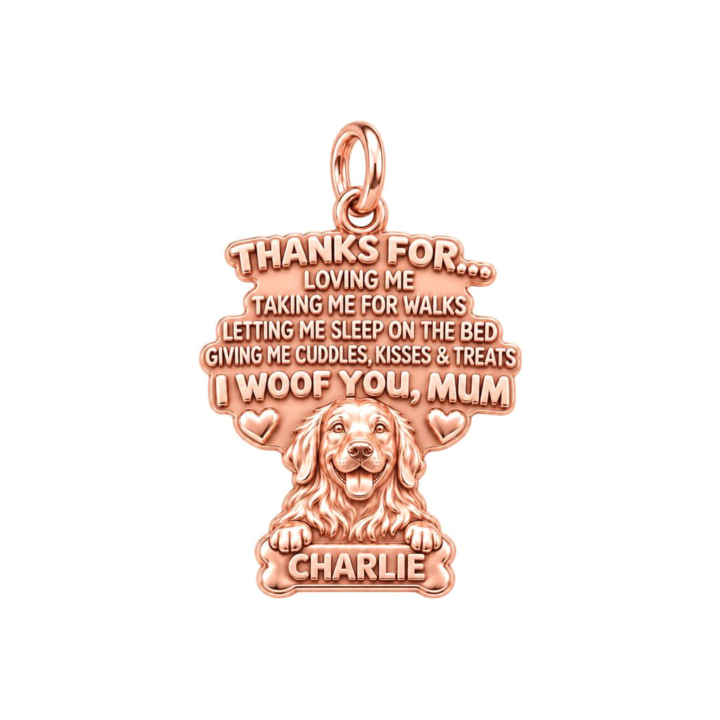 I Woof You Letter Charm Bracelet – Personalized Dog Mom Gift – rose gold 3 cm charm, front view
