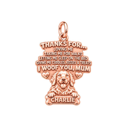 I Woof You Letter Charm Bracelet – Personalized Dog Mom Gift – rose gold 3 cm charm, front view