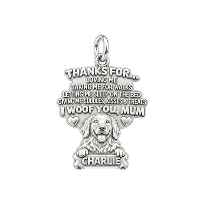 I Woof You Letter Charm Bracelet – Personalized Dog Mom Gift – silver plated 3 cm charm, front view