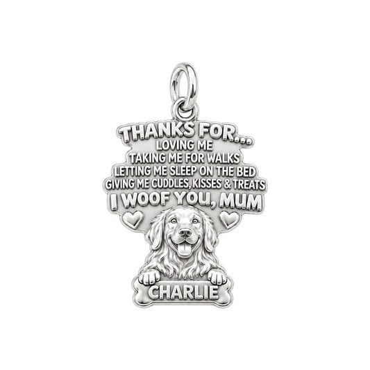 I Woof You Letter Charm Bracelet – Personalized Dog Mom Gift – silver plated 3 cm charm, front view
