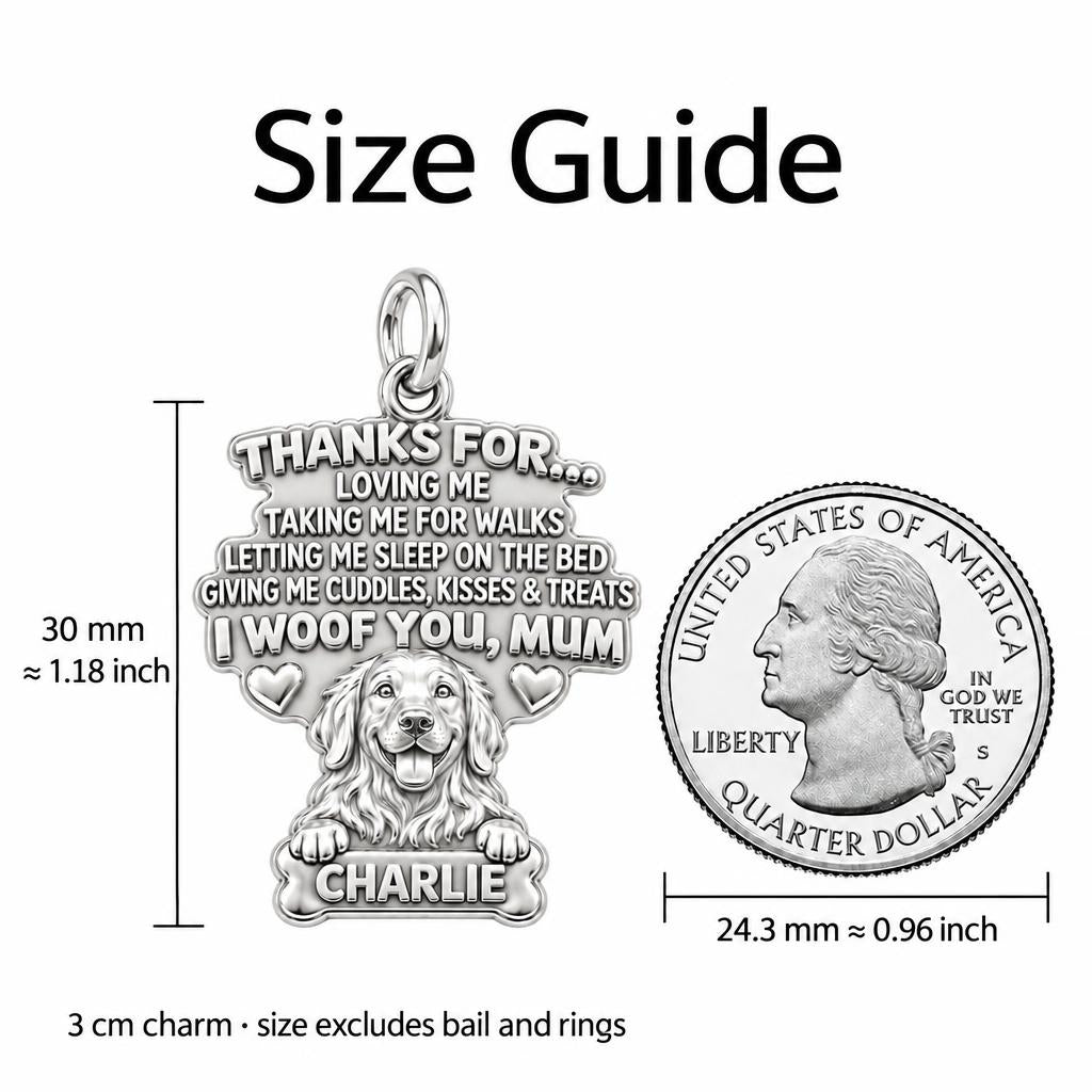 I Woof You Letter Charm Bracelet – Personalized Dog Mom Gift – size guide, 3 cm charm next to a quarter