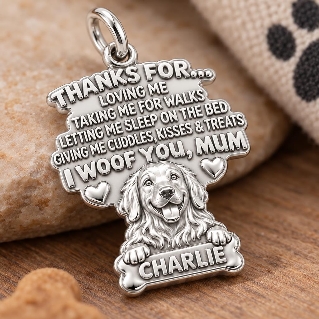 I Woof You Letter Charm Bracelet – Personalized Dog Mom Gift – macro detail of the charm