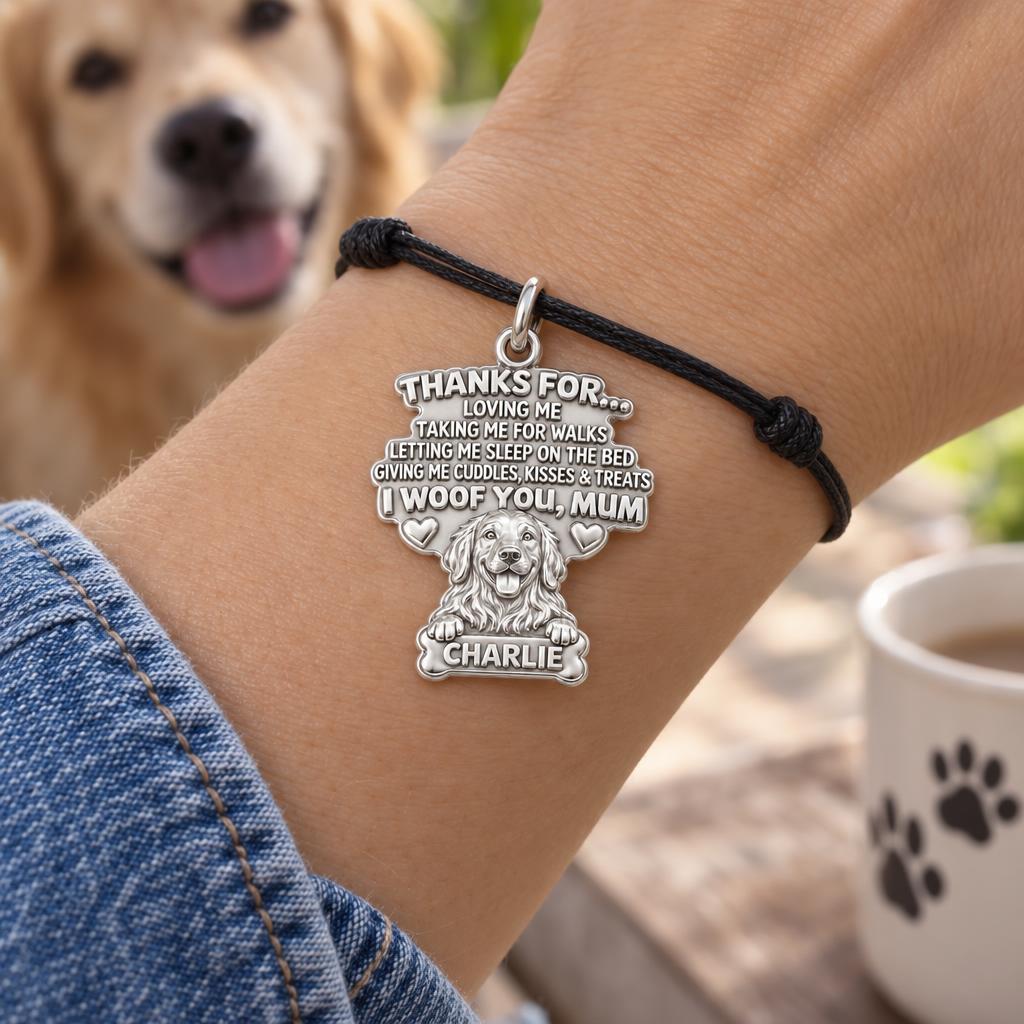 I Woof You Letter Charm Bracelet – Personalized Dog Mom Gift – worn on the wrist on a black cord bracelet