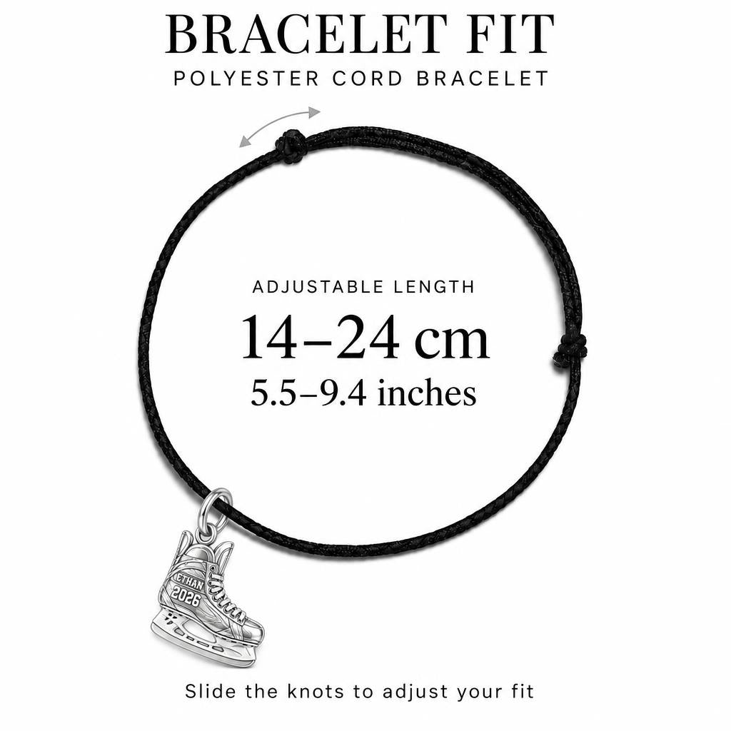 Ice Hockey Skate Charm Bracelet – Personalized Athlete Gift – adjustable black cord bracelet, 14–24 cm