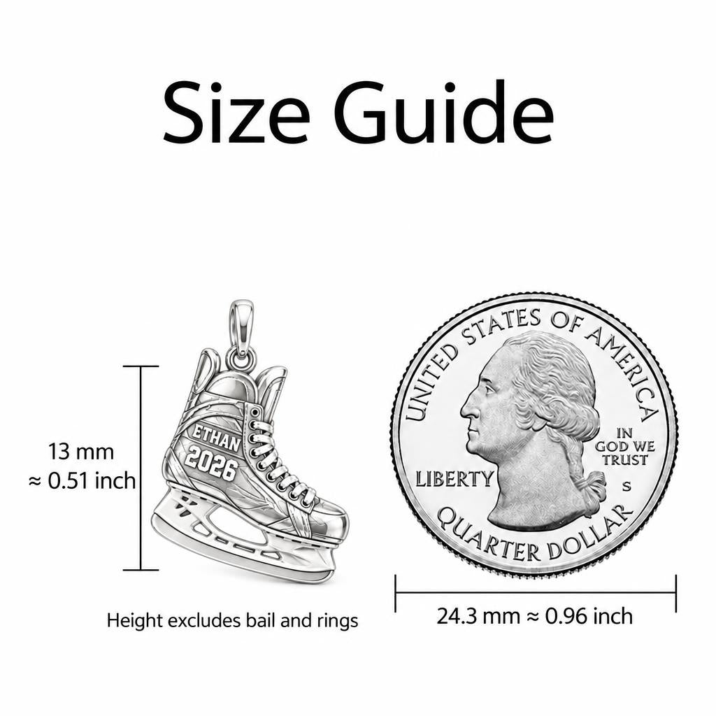 Ice Hockey Skate Charm Bracelet – Personalized Athlete Gift – size guide, 13 mm charm next to a quarter
