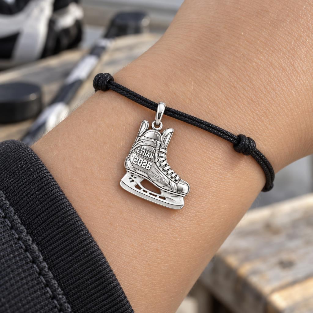 Ice Hockey Skate Charm Bracelet – Personalized Athlete Gift – worn on the wrist on a black cord bracelet