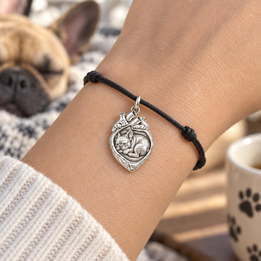 Jack Russell Terrier In My Heart Sleeping Pet Charm — worn on the wrist on a black cord bracelet