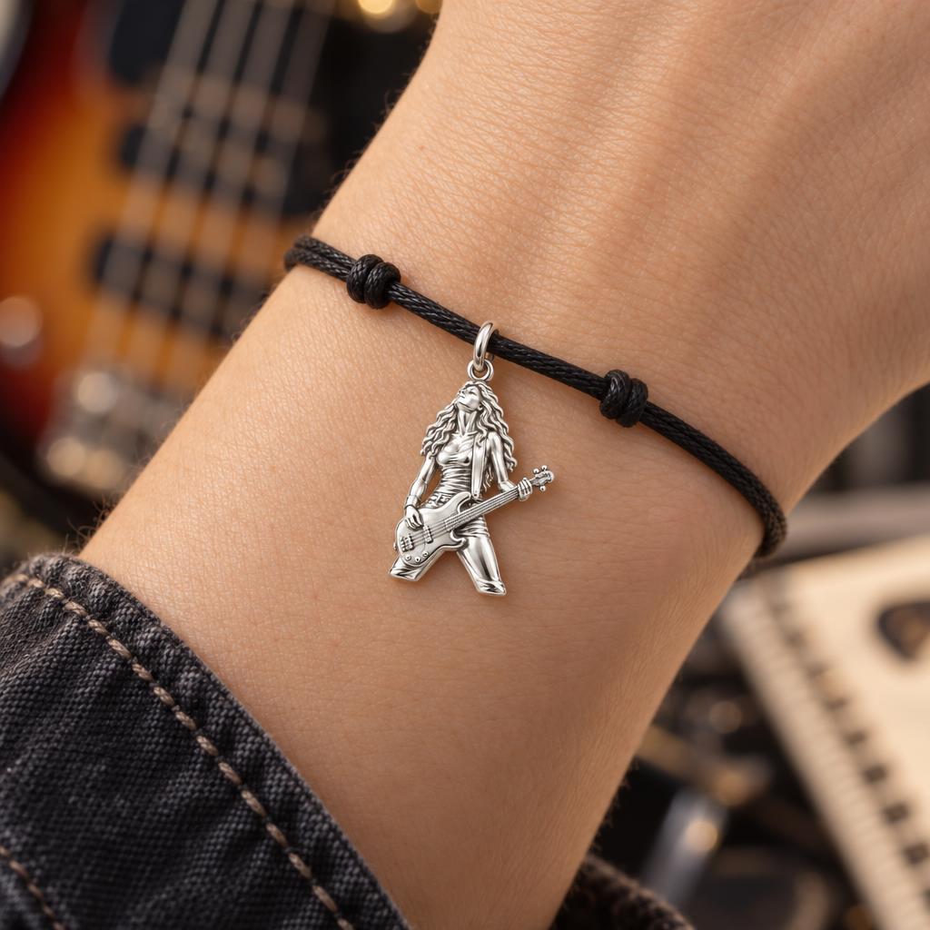 Immersed Bassist Charm Bracelet – Personalized Musician Gift – worn on the wrist on a black cord bracelet