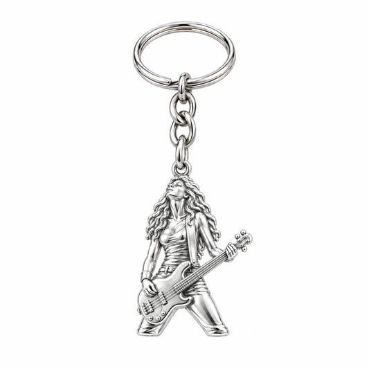 Immersed Bassist Under Amber Lights Charm Keychain – silver, front view