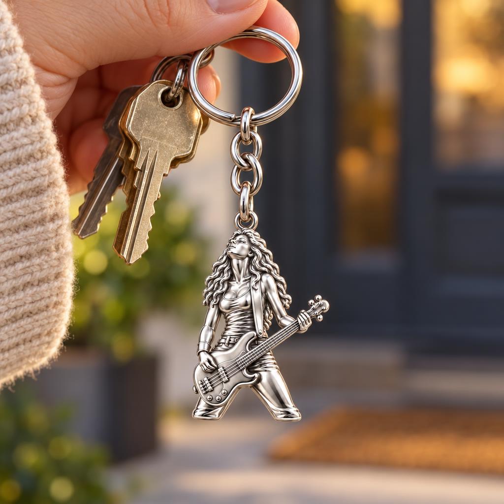 Immersed Bassist Under Amber Lights Charm Keychain – worn / in use