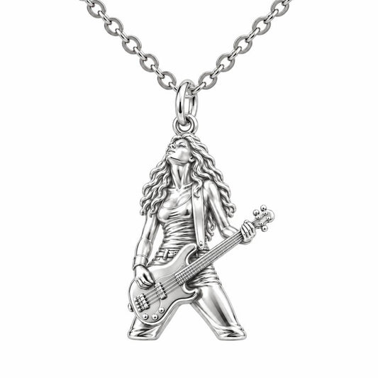 Immersed Bassist Under Amber Lights Charm Necklace Set – silver, front view