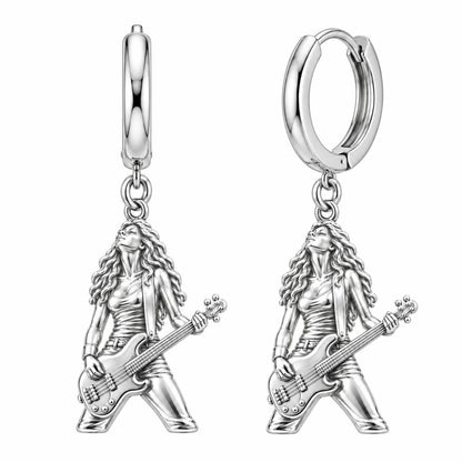 Immersed Bassist Under Amber Lights Huggie Charm Earrings – silver, front view