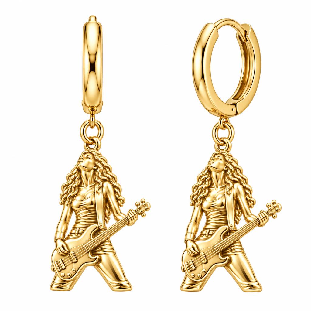 Immersed Bassist Under Amber Lights Huggie Charm Earrings – 18K gold, front view