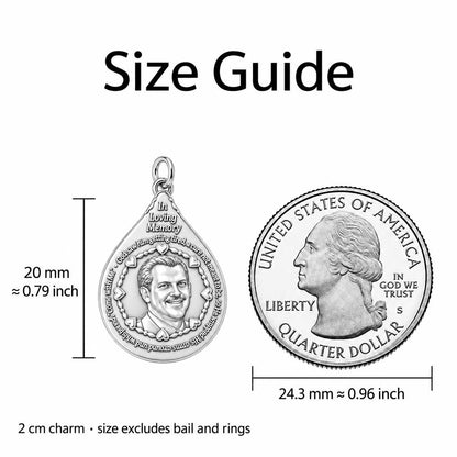 In Loving Memory Portrait Charm Bracelet – Personalized Memorial Gift – size guide, 2 cm charm next to a quarter