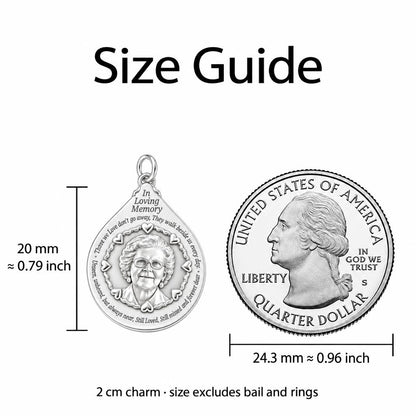 In Loving Memory Portrait Charm Bracelet – Personalized Memorial Gift – size guide, 2 cm charm next to a quarter