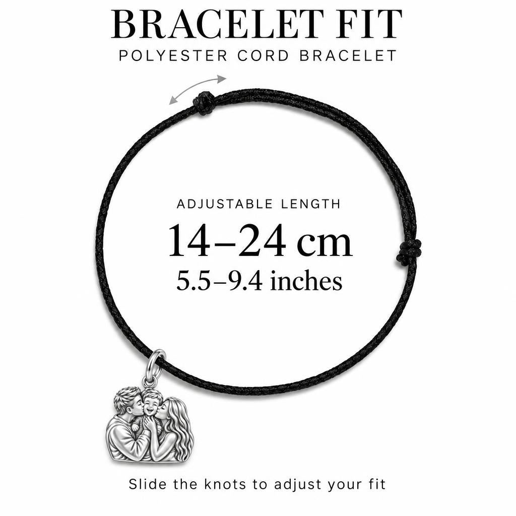 Infinite Love Family Charm Bracelet – Personalized Gift – adjustable black cord bracelet, 14–24 cm