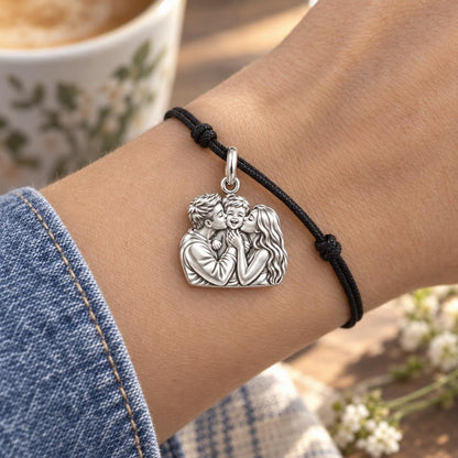 Infinite Love Family Charm Bracelet – Personalized Gift – worn on the wrist on a black cord bracelet
