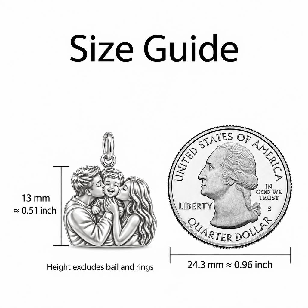 Infinite Love Family Huggie Charm Earrings – size guide, 13 mm charm next to a quarter