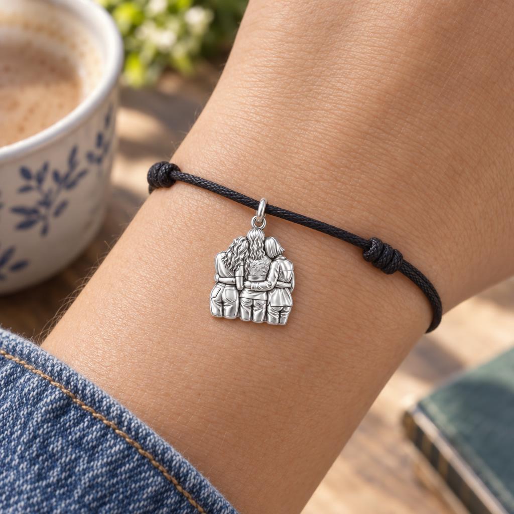 Inner Circle Huddle Charm Bracelet – Personalized Bestie Gift – worn on the wrist on a black cord bracelet