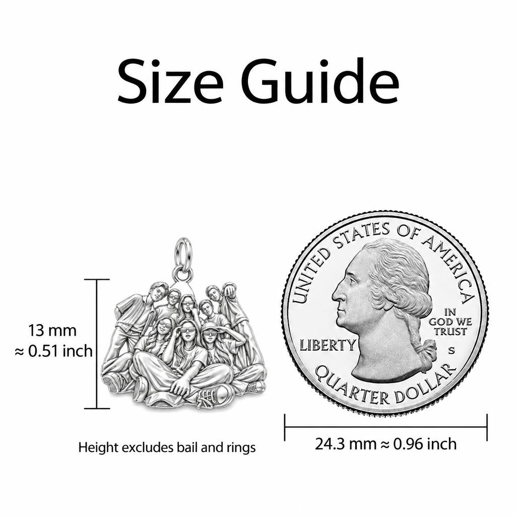 Inner Circle Portrait Charm Necklace Set – size guide, 13 mm charm next to a quarter
