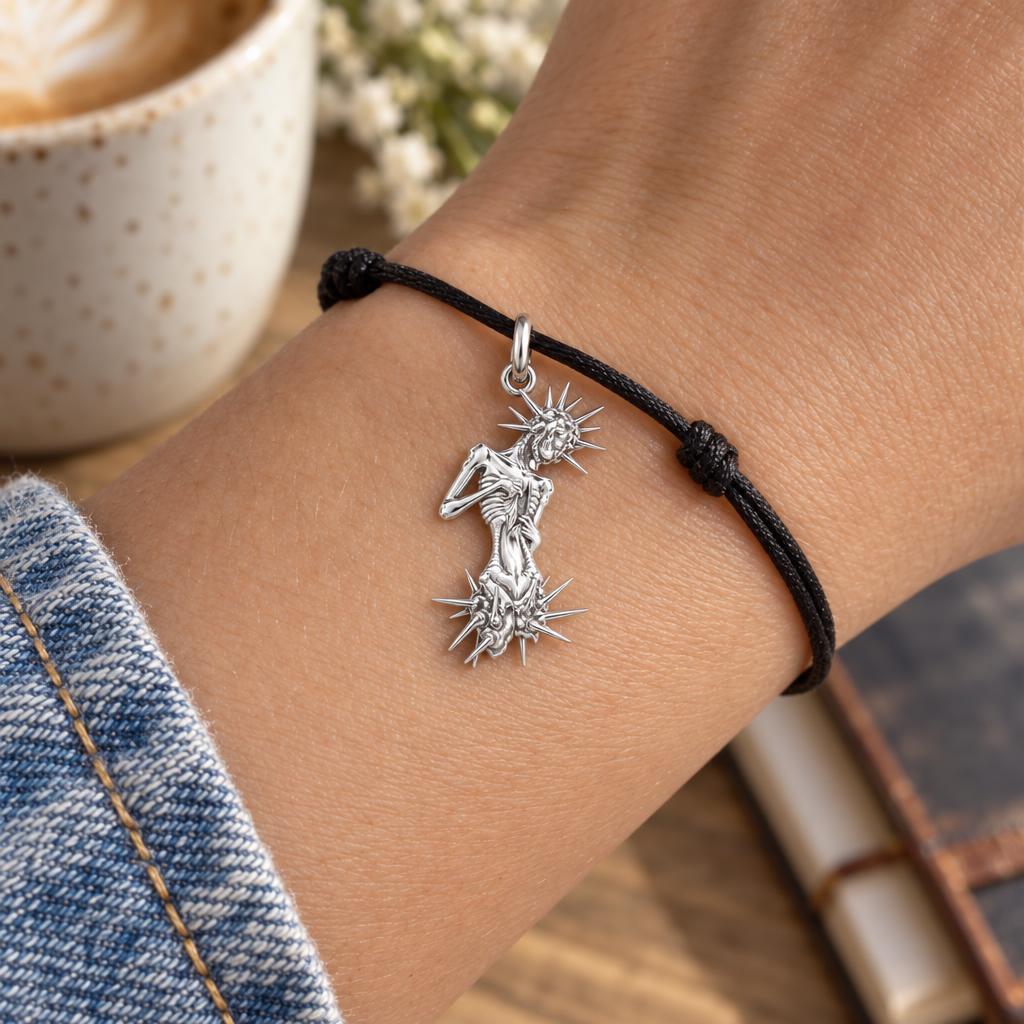 Inner Radiance Skeleton Charm Bracelet – Personalized Mom Gift – worn on the wrist on a black cord bracelet