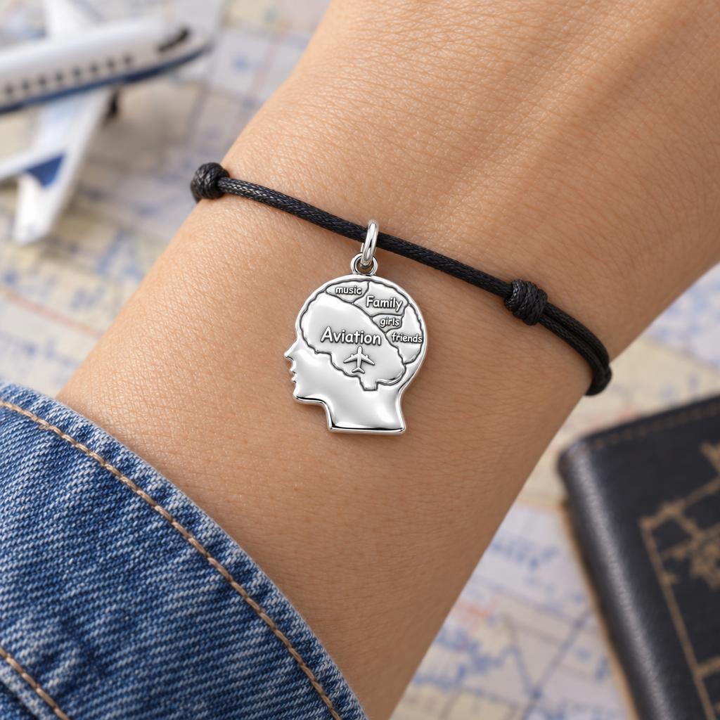 Inner World Mind Map Charm Bracelet – Personalized Hobbyist Gift – worn on the wrist on a black cord bracelet