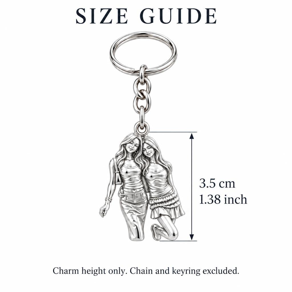 Inseparable Best Friends Charm Keychain – size guide, 3.5 cm (1.38 in) charm, chain and keyring excluded
