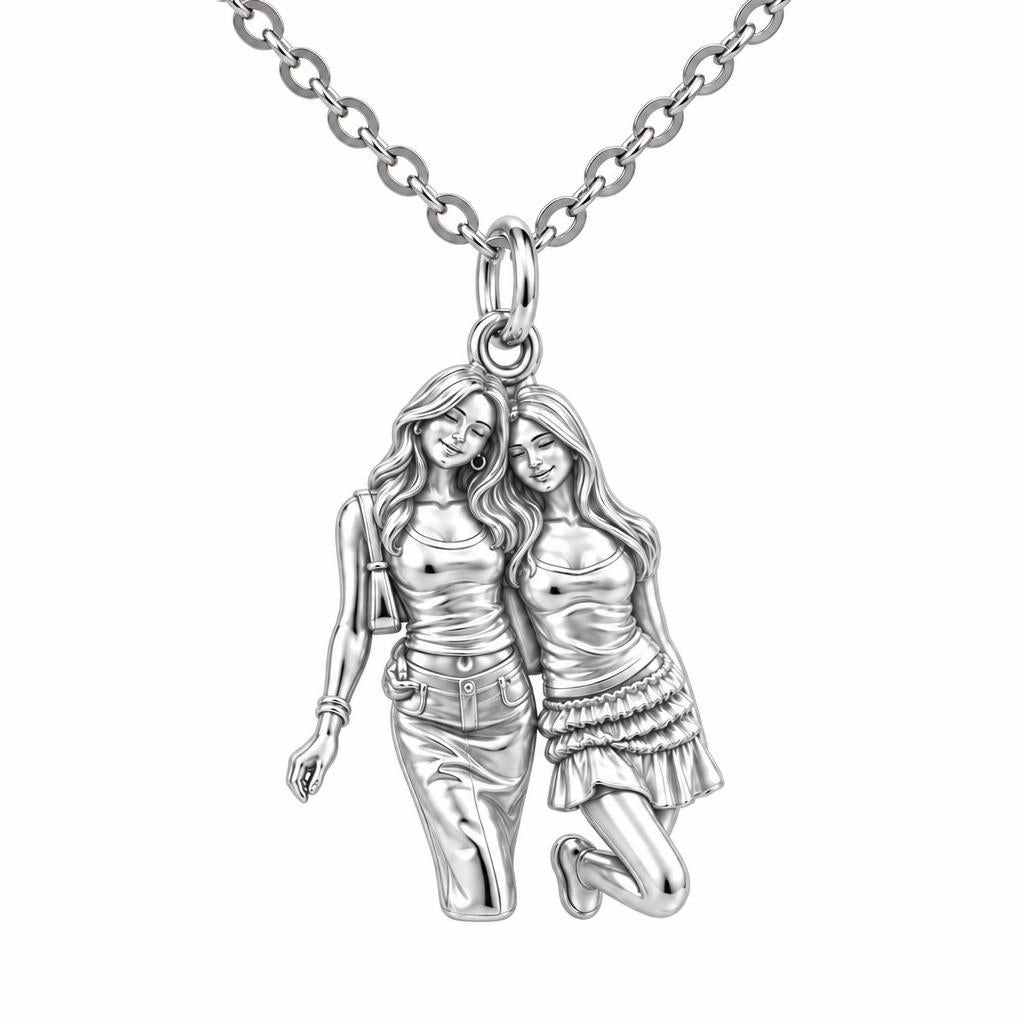 Inseparable Best Friends Charm Necklace Set – silver, front view