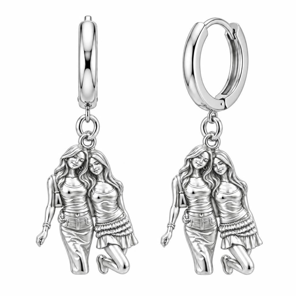 Inseparable Best Friends Huggie Charm Earrings – silver, front view