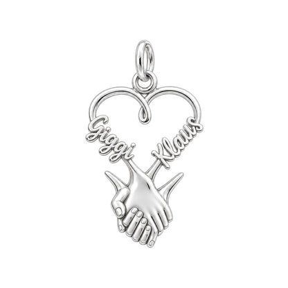 Intertwined Hands Heart Charm Bracelet – Personalized Couple Gift – silver plated 2 cm charm, front view