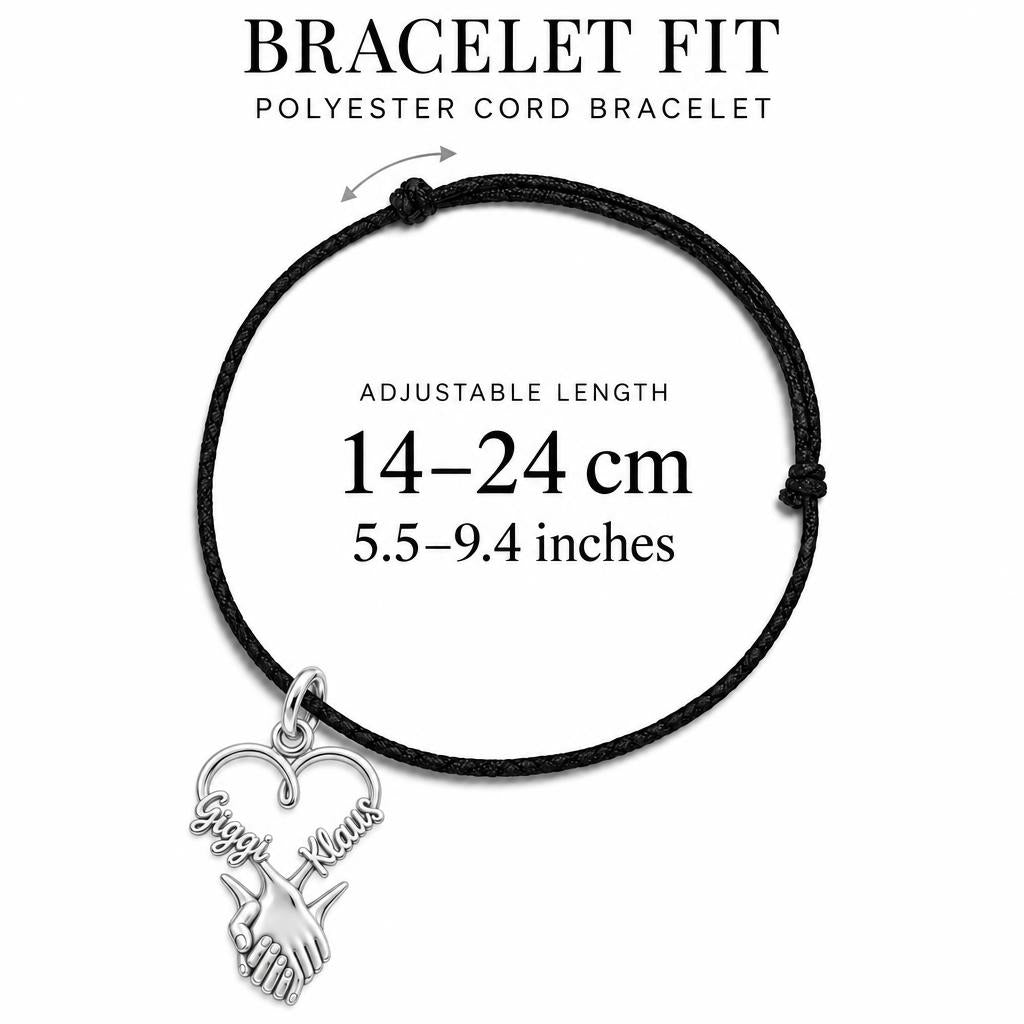 Intertwined Hands Heart Charm Bracelet – Personalized Couple Gift – adjustable black cord bracelet, 14–24 cm