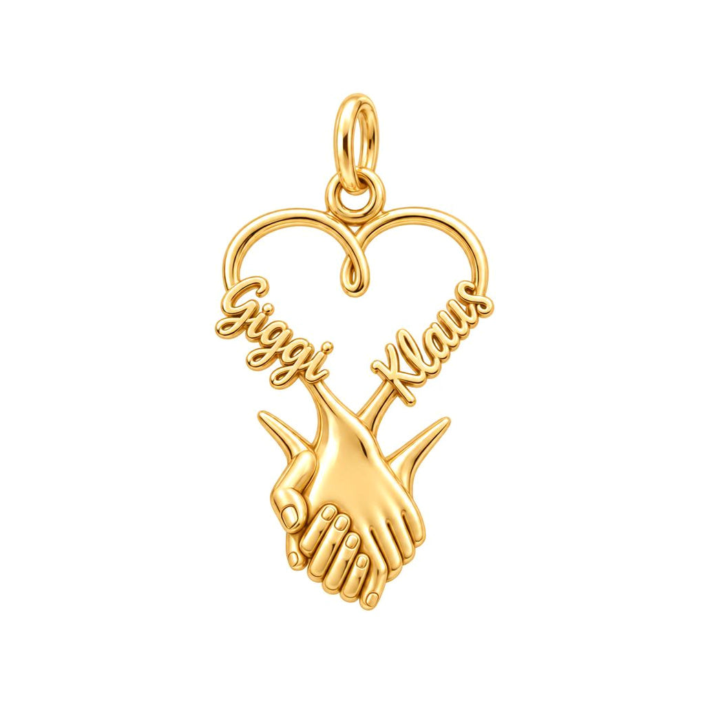 Intertwined Hands Heart Charm Bracelet – Personalized Couple Gift – 18K gold plated 2 cm charm, front view