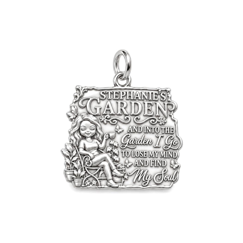 Into The Garden Charm Bracelet – Personalized Gardener Gift – silver plated 3 cm charm, front view