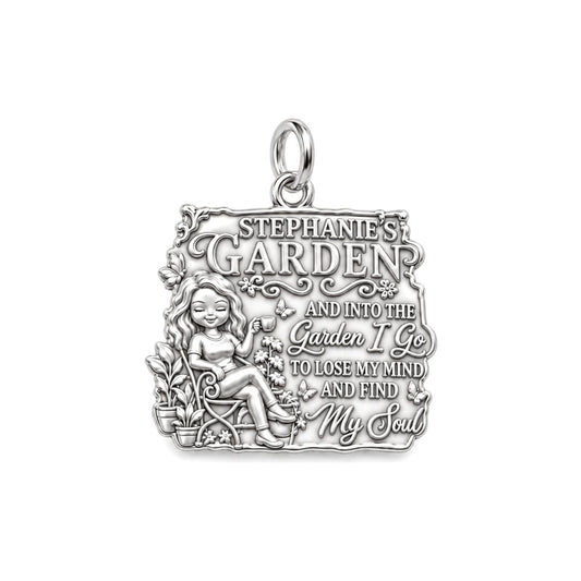 Into The Garden Charm Bracelet – Personalized Gardener Gift – silver plated 3 cm charm, front view
