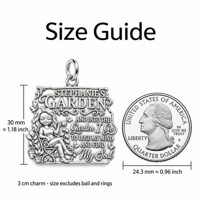 Into The Garden Charm Bracelet – Personalized Gardener Gift – size guide, 3 cm charm next to a quarter