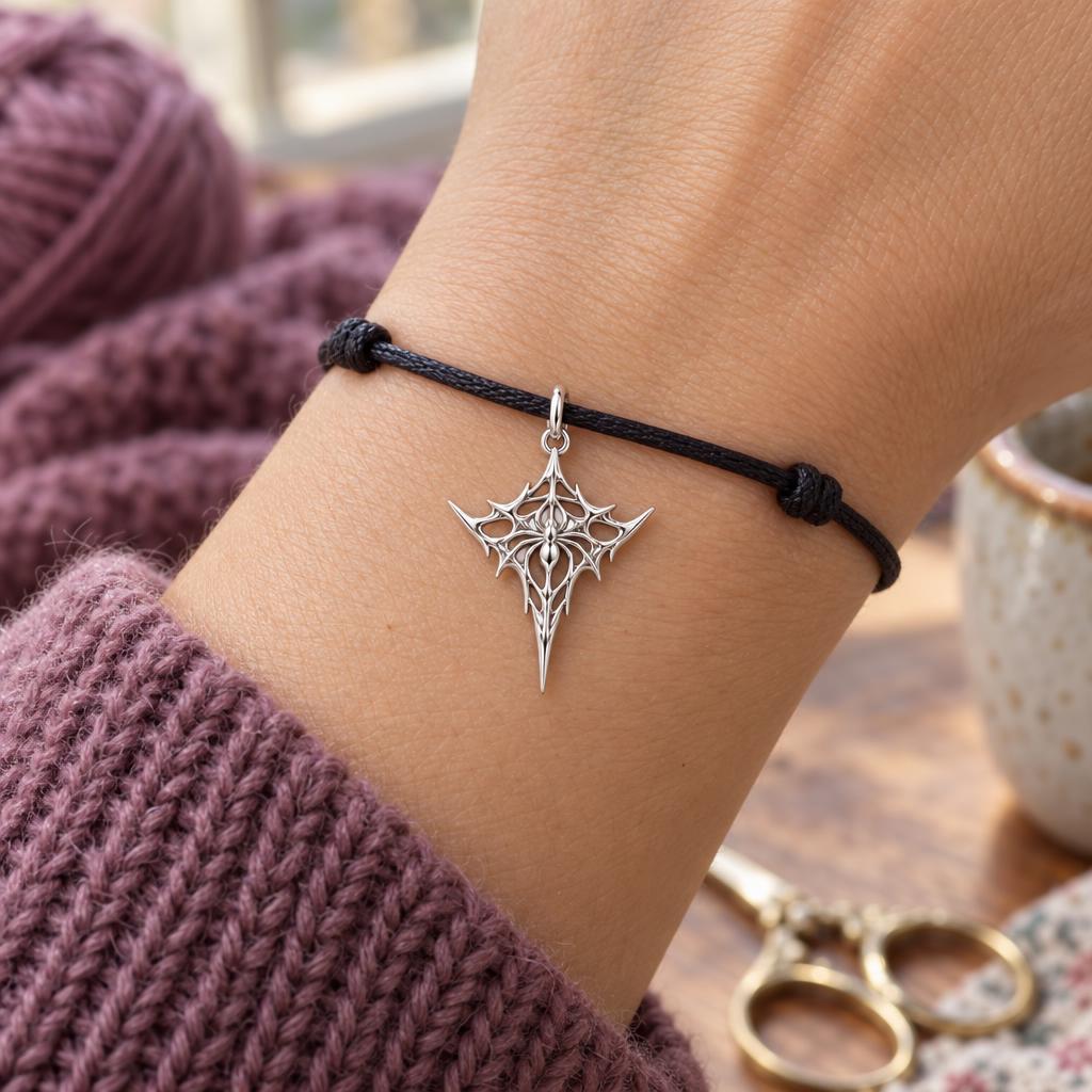 Intricate Weaver Spider Charm Bracelet – Personalized Gift – worn on the wrist on a black cord bracelet