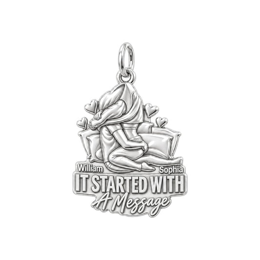 It Started With A Message Charm Bracelet – Personalized Couple Gift – silver plated 3 cm charm, front view