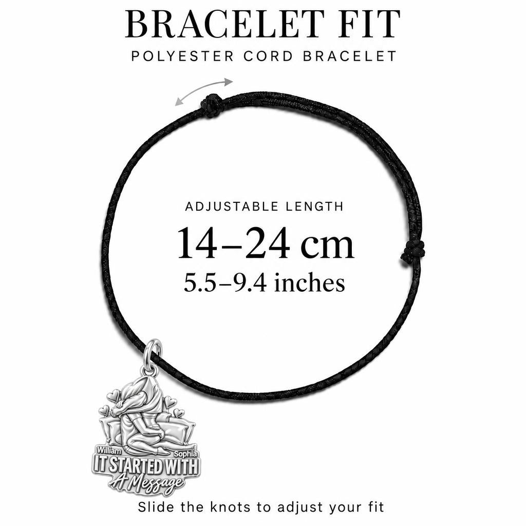 It Started With A Message Charm Bracelet – Personalized Couple Gift – adjustable black cord bracelet, 14–24 cm