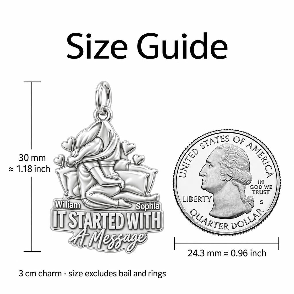 It Started With A Message Charm Bracelet – Personalized Couple Gift – size guide, 3 cm charm next to a quarter